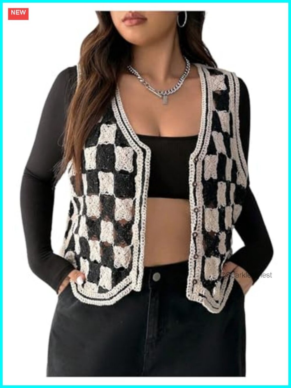 Plus Size Plaid Checkered Crochet Button Down Sweater Vest